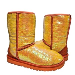 UGG Sparkles Genuine Sheepskin Classic Short Boot Sz 8 Orange Sequin 3161 Cosmos